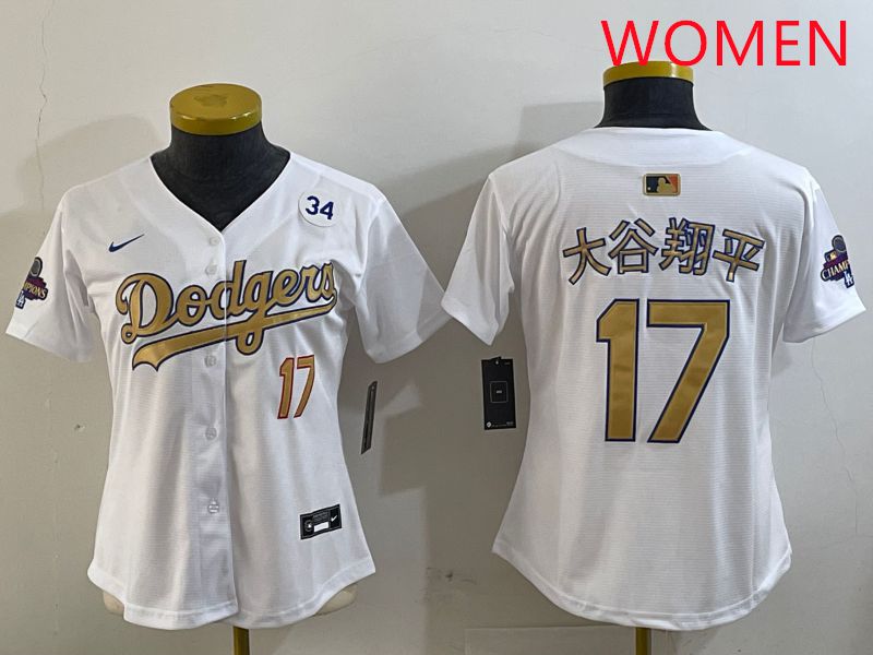 Women Los Angeles Dodgers #17 Ohtani White Champion gold character 2025 Nike MLB Jersey style 7